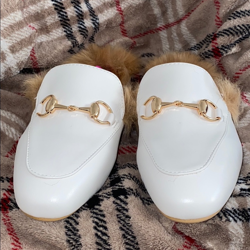 NWT White Fur Open Back Loafer Mule Slides - Picture 2 of 6